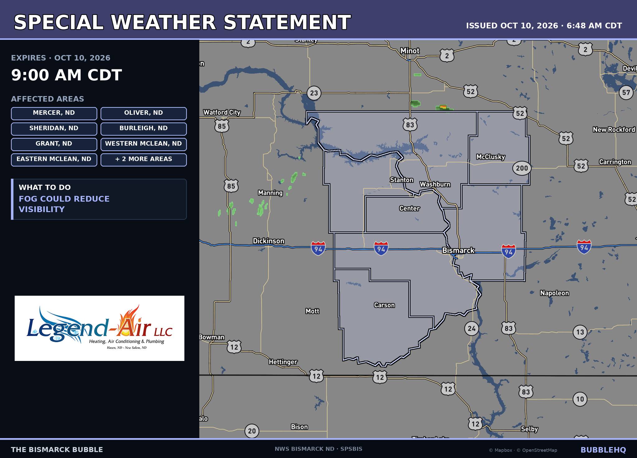 Dense patchy fog warning for Burleigh, Morton and nearby counties